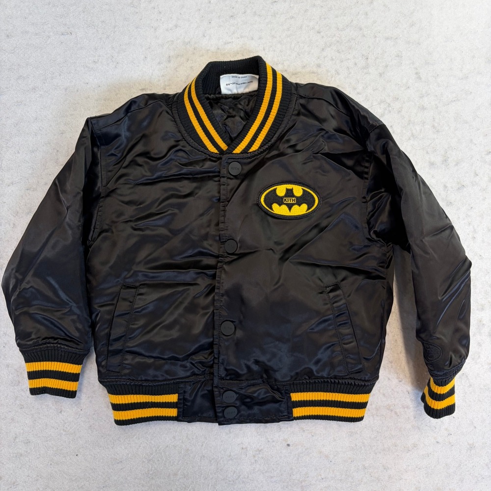 Kith Batman Satin Bomber Jacket Toddler 3T Black Yellow Embroidered Logo